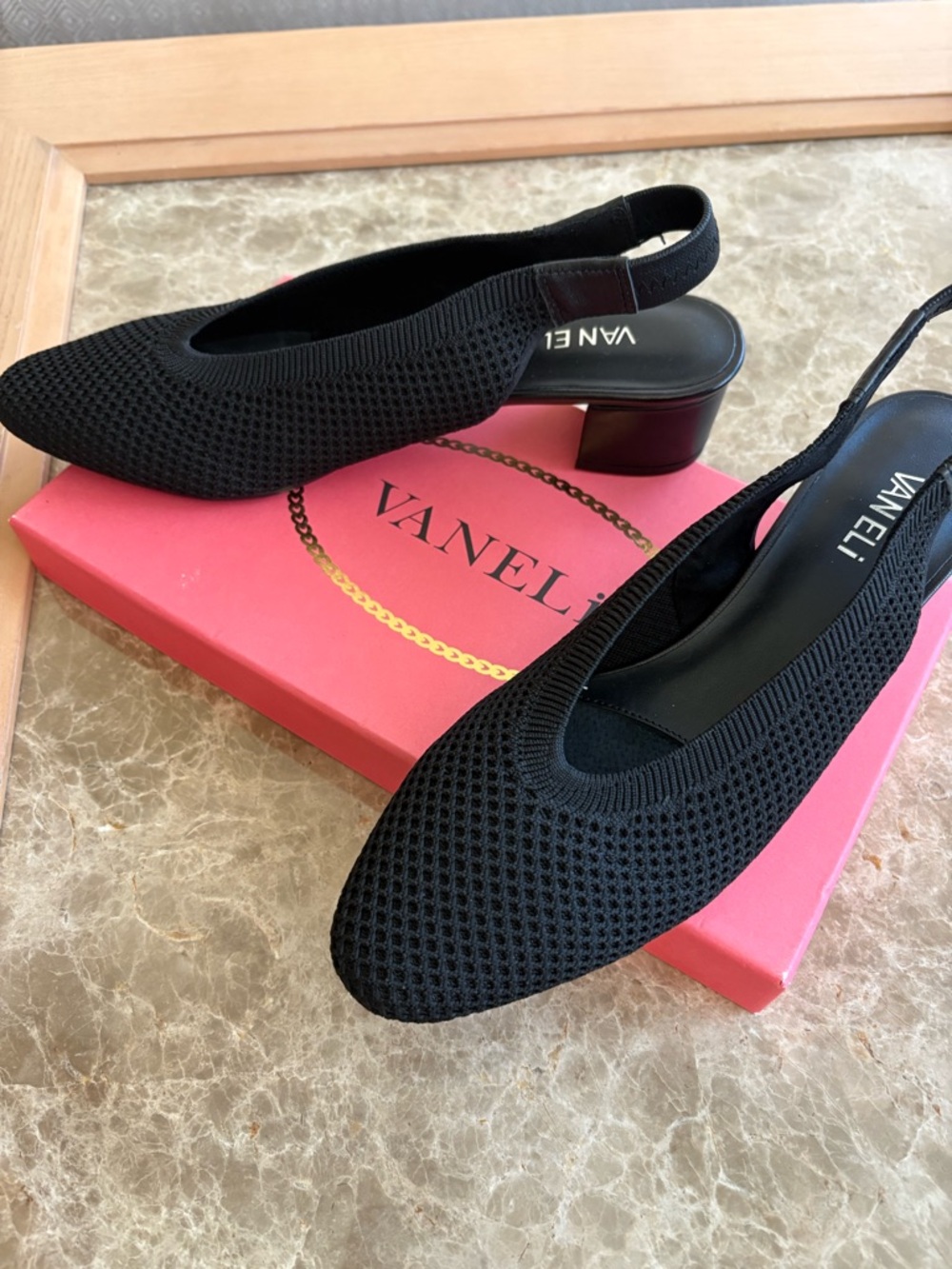 Vaneli Abira Black Knit Slingback Low Block Heel Mules